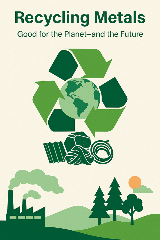 Infographic illustrating the environmental advantages of recycling metals, including reduced greenhouse gas emissions, energy savings up to 90%, and conservation of natural resources like iron ore and bauxite; features icons for sustainability, circular e